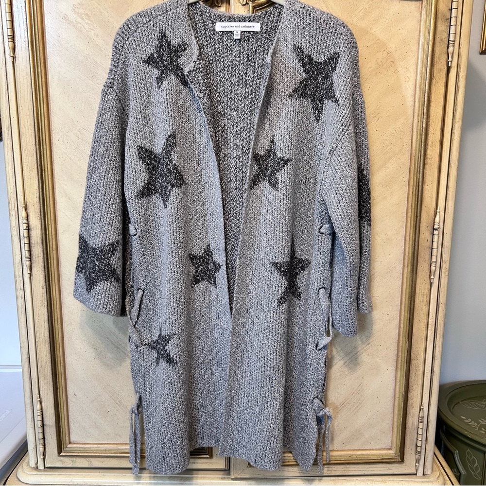 Anthro Cupcakes & Cashmere Gray Star Open Front Side Laced Cardigan Sweater